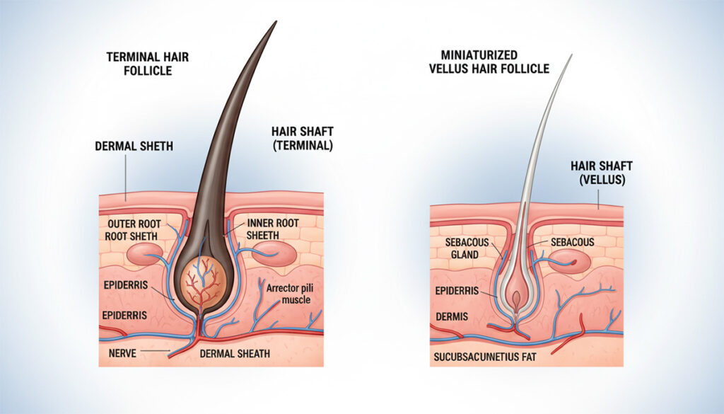 Comparison of terminal hair and vellus hair follicle structure