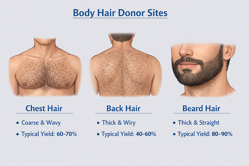 Diagram of body hair transplant donor sites showing chest, back, and beard areas with yield percentages