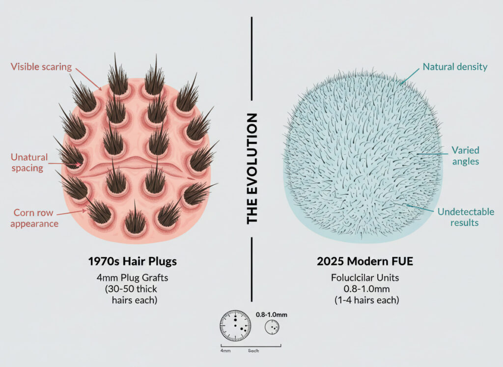 Side-by-side comparison showing unnatural 1970s hair plugs versus natural modern FUE follicular unit results