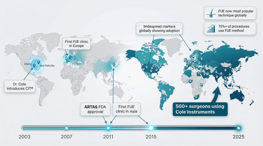 World map showing global spread of FUE hair transplant technique adoption from 2003 to 2025