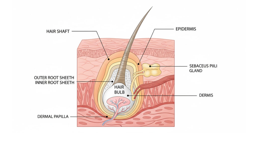 Anatomical diagram of hair follicle structure showing dermal papilla and hair bulb