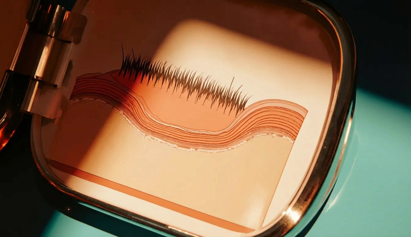 Cross-section model showing hair follicles growing through layers of skin tissue in a laboratory display case