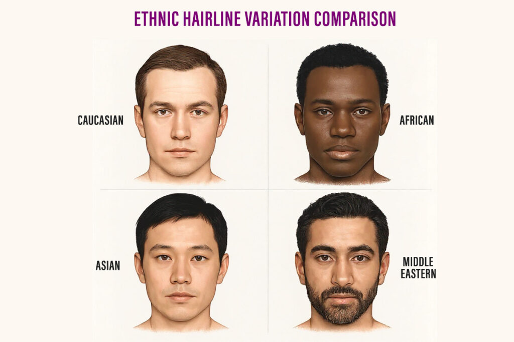 Ethnic hairline variation comparison, Caucasian, African, Asian, Middle Eastern