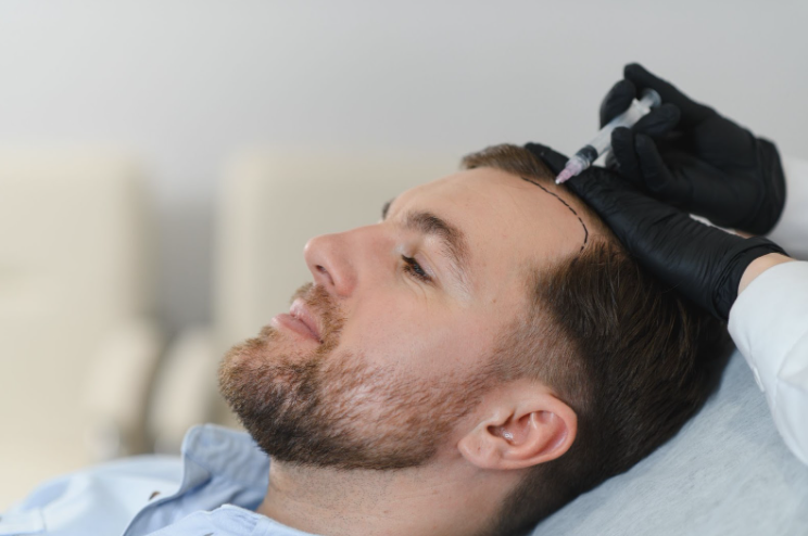 A patient is shown with a new, natural hairline drawn on their scalp in preparation for a hair restoration procedure.