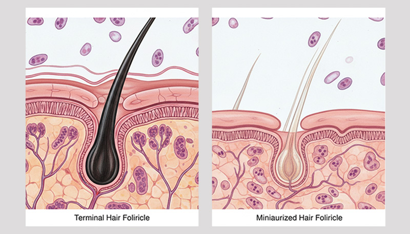 Hair densitometer showing comparison of miniaturized hair follicles versus healthy terminal hair