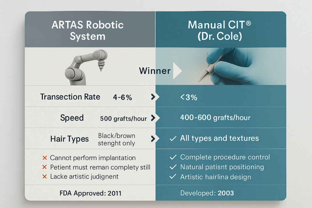 Comparison chart showing ARTAS robotic FUE system versus manual CIT technique transection rates and limitations