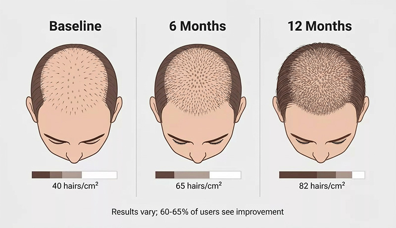 Side-by-side comparison showing typical minoxidil results at baseline, 6 months, and 12 months