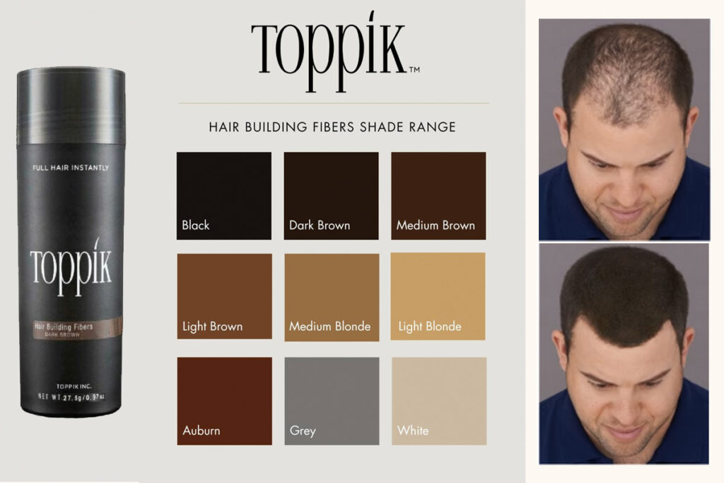 Toppik color matching guide showing all 9 available shades for hair fibers