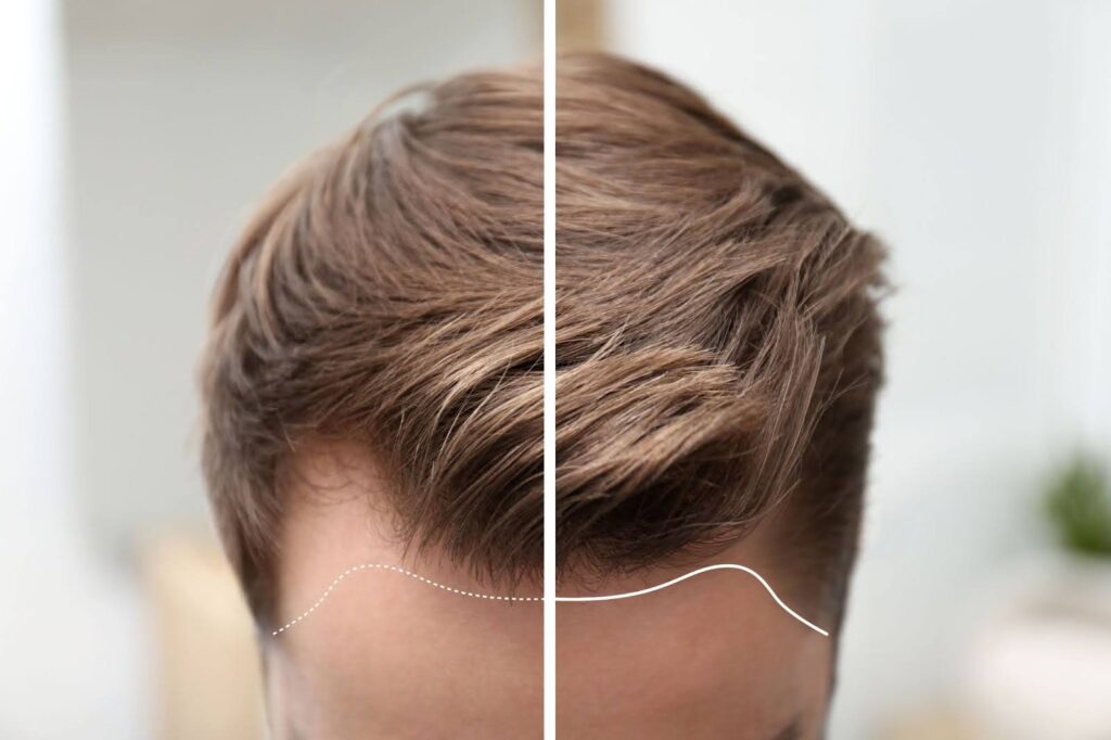 Young man’s hairline before and after hair loss treatment.