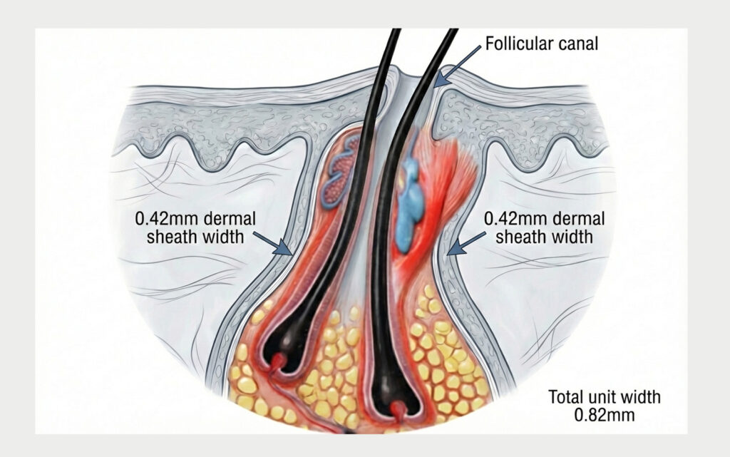 Cross-section diagram of hair follicle anatomy showing dermal sheath and hair splay beneath skin surface