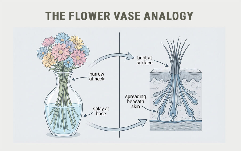 Flower vase analogy illustrating hair follicle splay pattern in FUE extraction