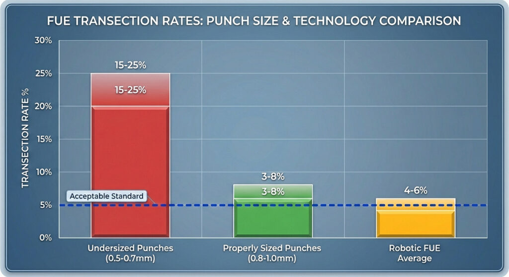 Bar chart comparing transection rates between undersized punches, properly sized punches, and robotic FUE
