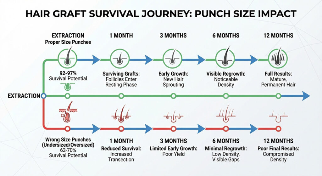 Timeline showing hair graft survival percentages from extraction through 12 months post-transplant