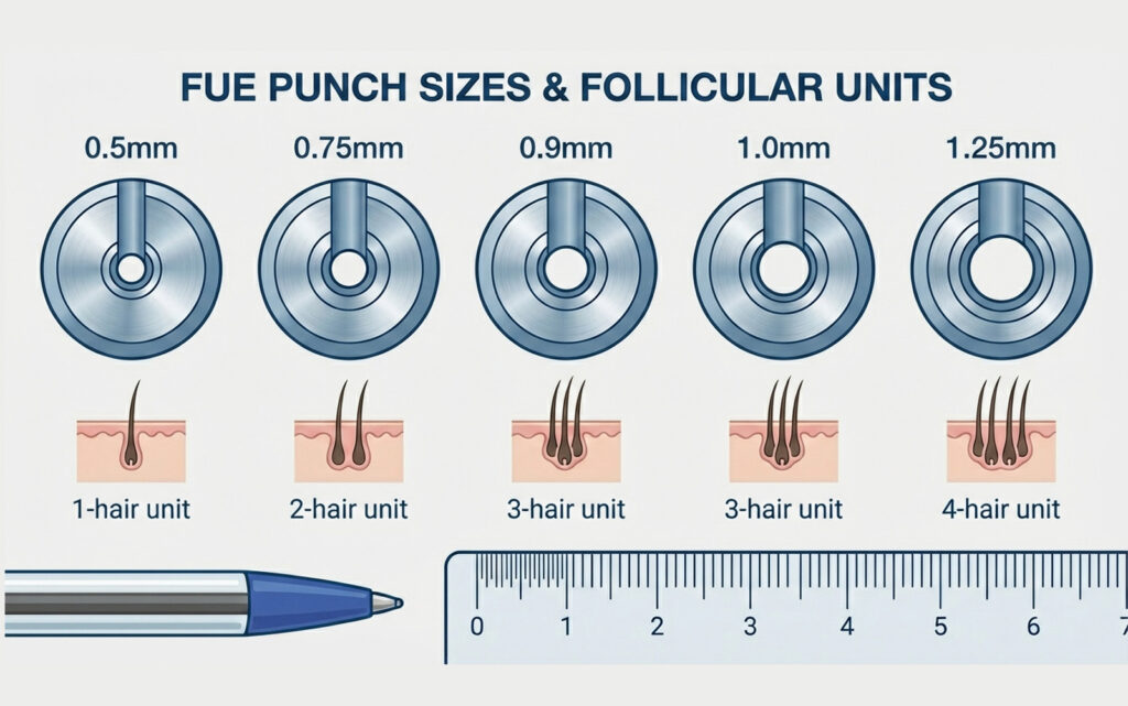 Visual comparison of FUE hair transplant punch sizes from 0.5mm to 1.25mm with follicular units"