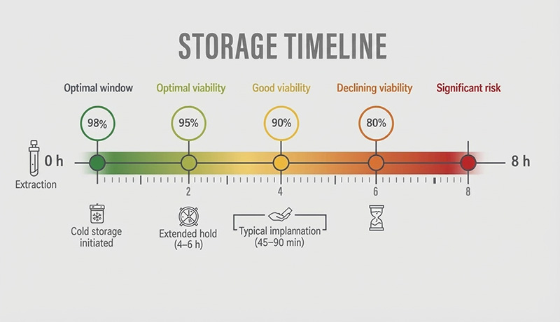 Timeline showing optimal graft hold times and viability decline from extraction to implantation