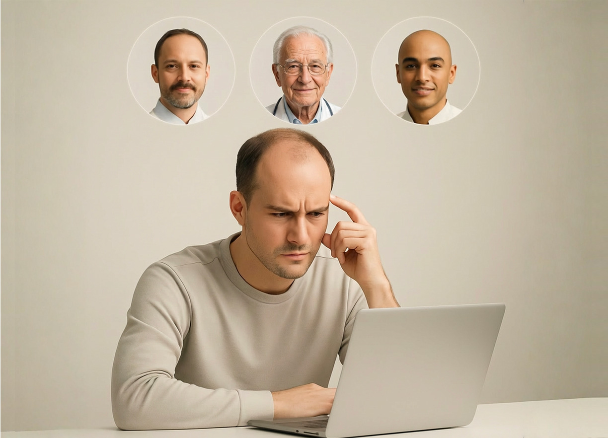 bald man with hair loss wondering which hair transplant surgeons to choose
