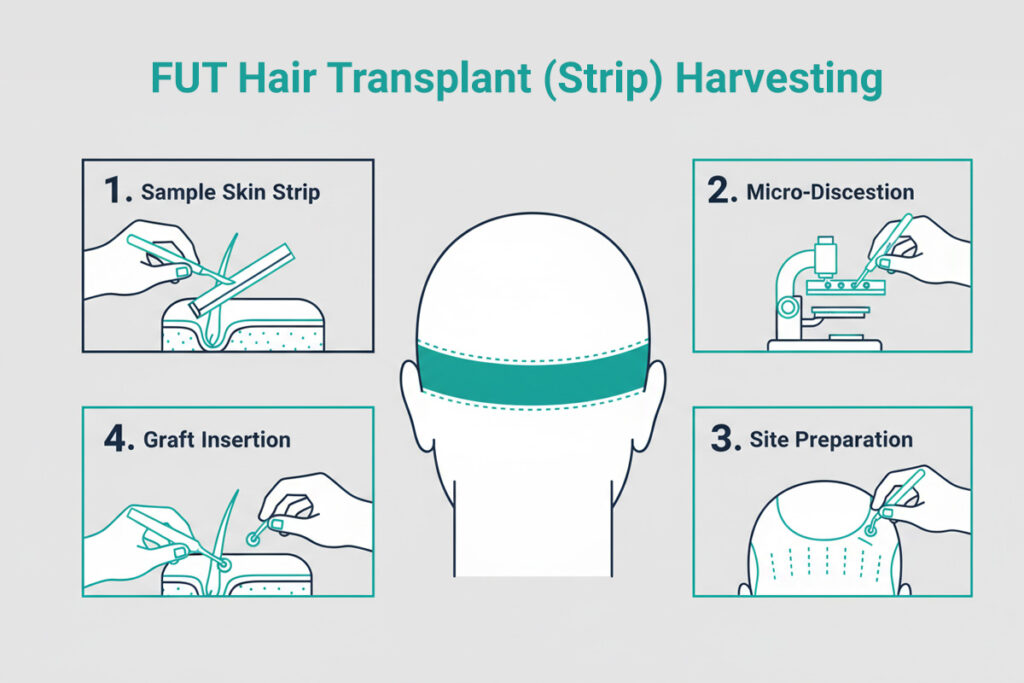 FUT (Strip) hair transplant harvesting process with steps