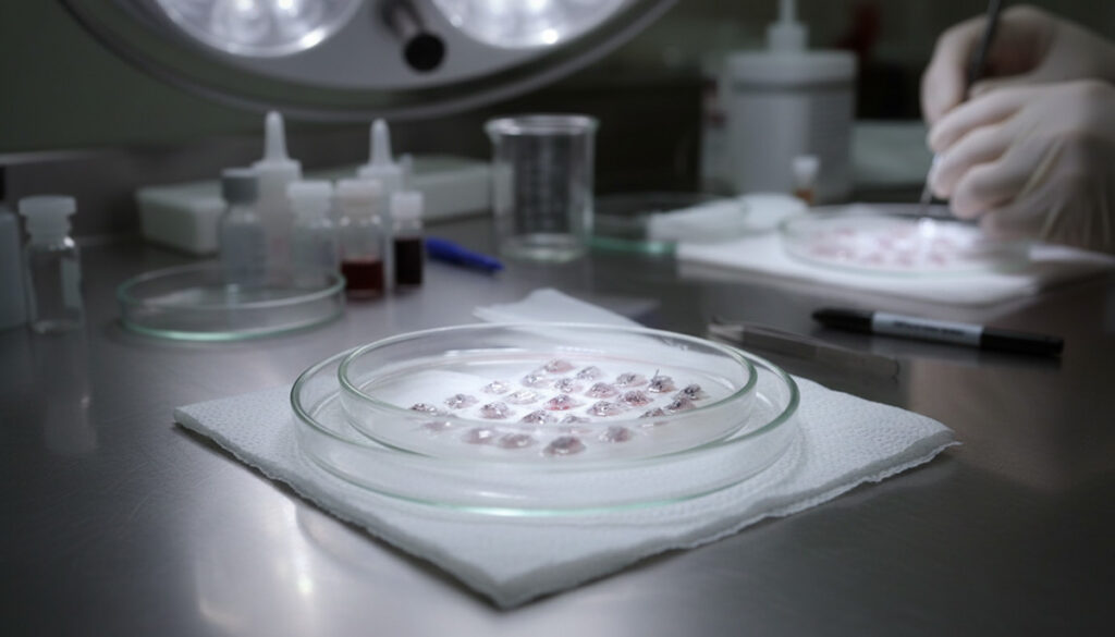 Hair grafts stored in holding solution in petri dish during hair transplant procedure