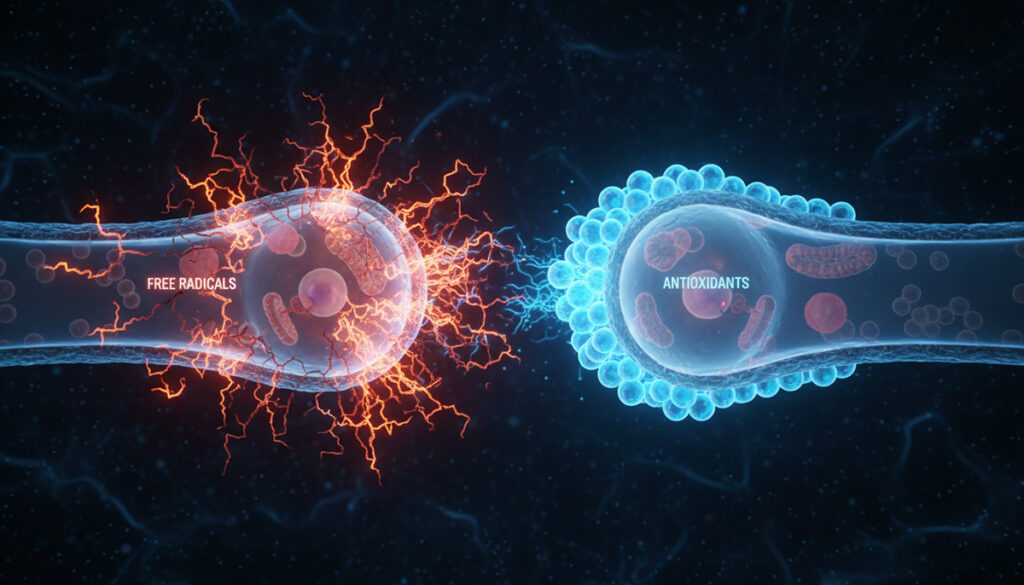 Diagram showing free radical damage to cells and antioxidant protection