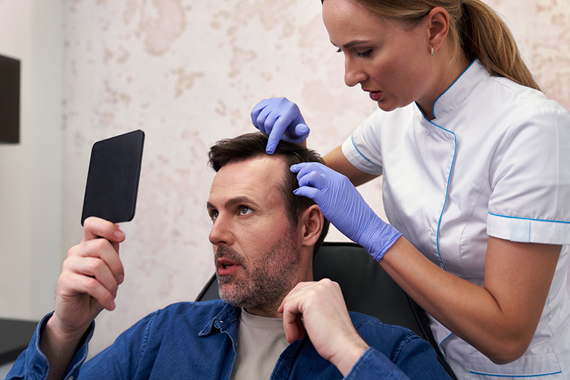 Male having hair transplant surgery consultation