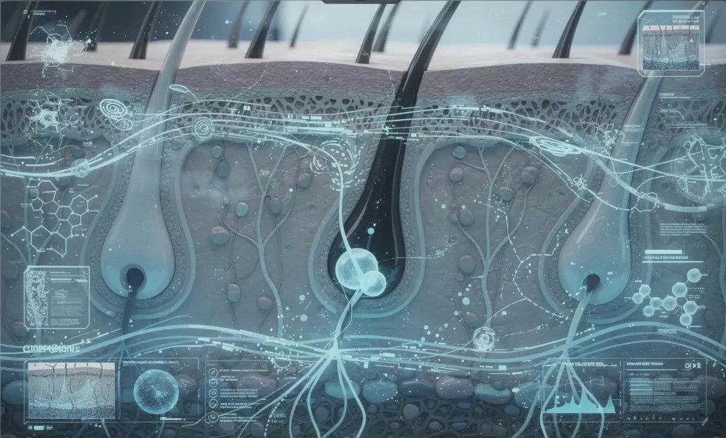 Advanced cross-section hair follicles and skin structure showing follicular anatomy and research
