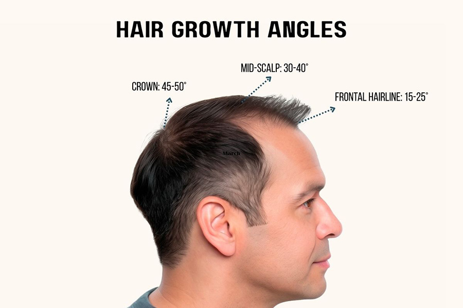 Natural hair growth angles by scalp location showing frontal, mid-scalp, and crown follicle placement