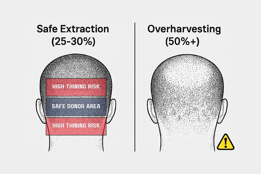 Side-by-side comparison showing safe donor extraction versus overharvested donor area