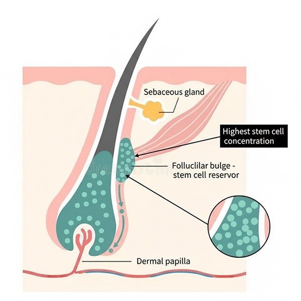 Anatomical illustration showing follicular bulge region where hair follicle stem cells are located