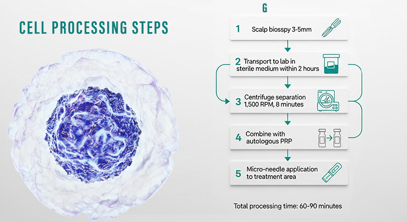 Step-by-step flowchart showing follicular stem cell extraction, processing, and application procedure