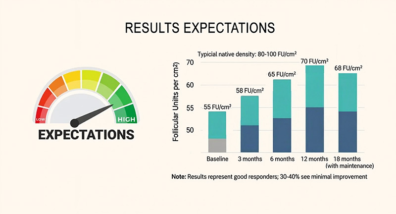 Bar graph showing realistic density improvements comparing baseline to different timepoints after follicular stem cell treatment