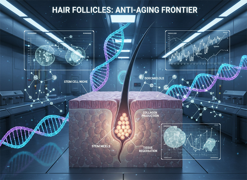Hair follicles provide a unique "timepiece" to study epigenetic changes. Monitoring follicle thinning gives insights into systemic biological aging rates