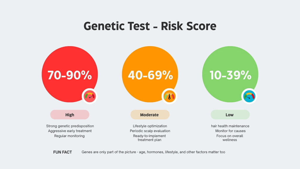 Genetic hair loss test results interpretation guide showing risk levels and recommended actions