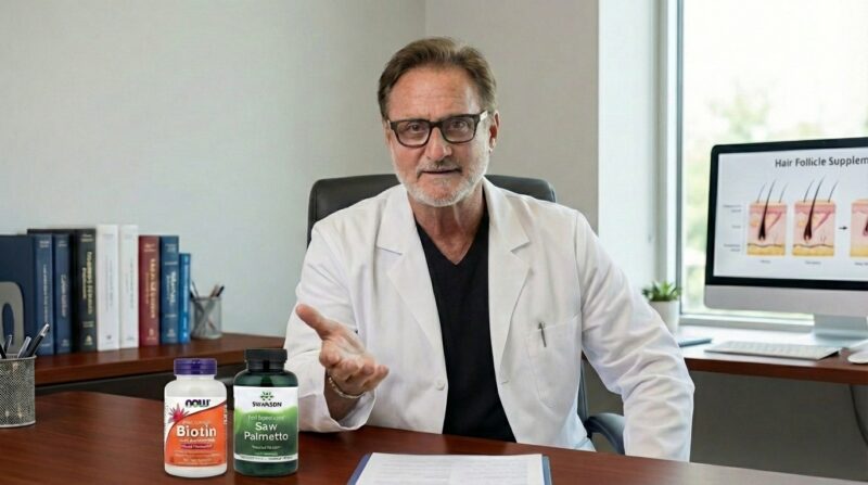 Surgeon presenting supplements for hair loss