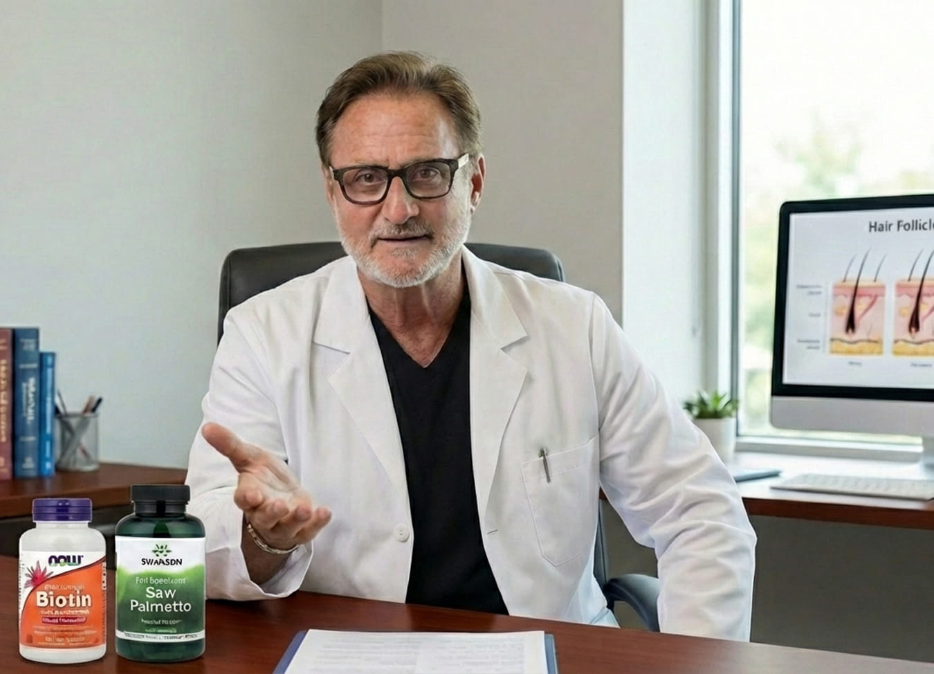 Surgeon presenting supplements for hair loss